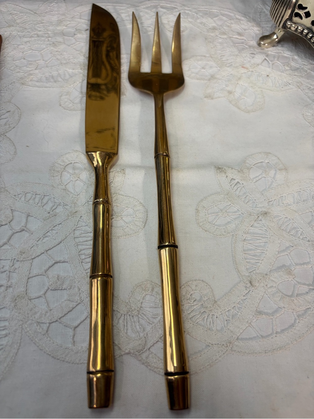 Gold brass bamboo knife & fork serving set
